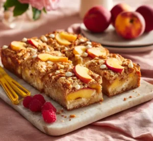 Peach and Raspberry Almond Crumble Cake