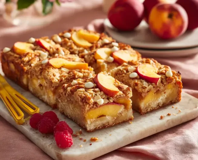 Peach and Raspberry Almond Crumble Cake