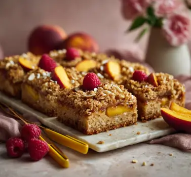 Peach and Raspberry Almond Crumble Cake