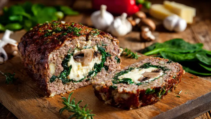 Spinach and Mushroom Stuffed Meatloaf
