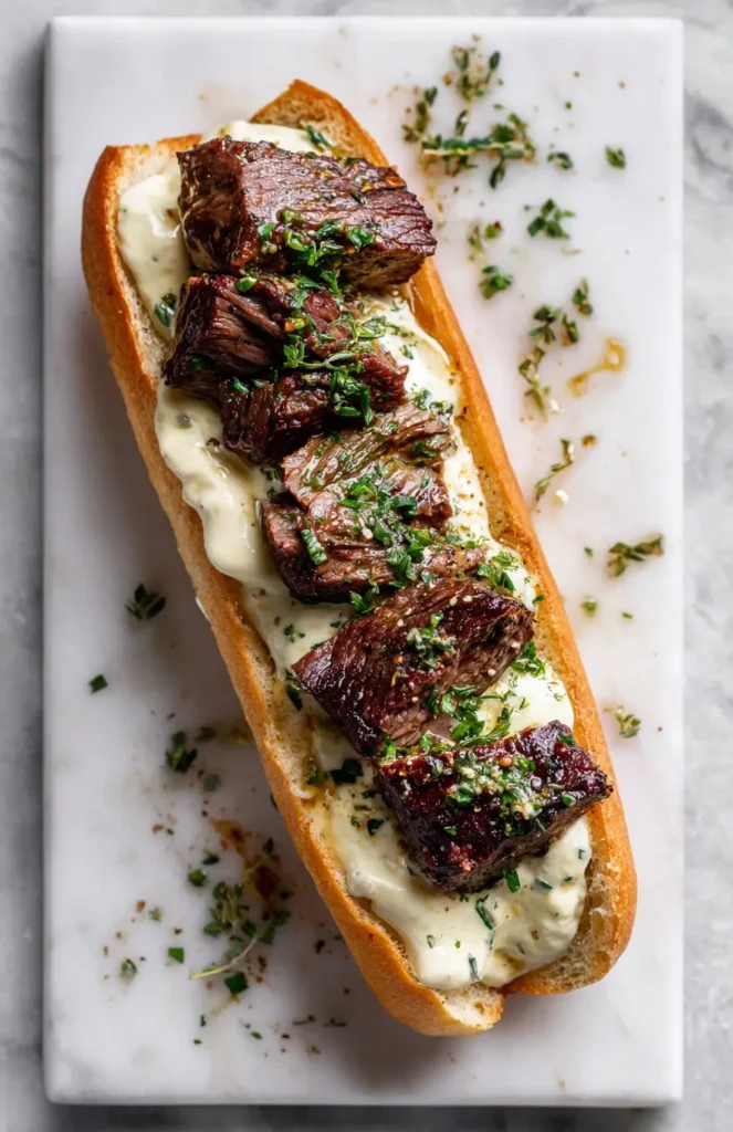 hearty steak and cheese garlic toast