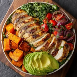 Grilled Chicken Bowl with Roasted Sweet Potatoes and Avocado