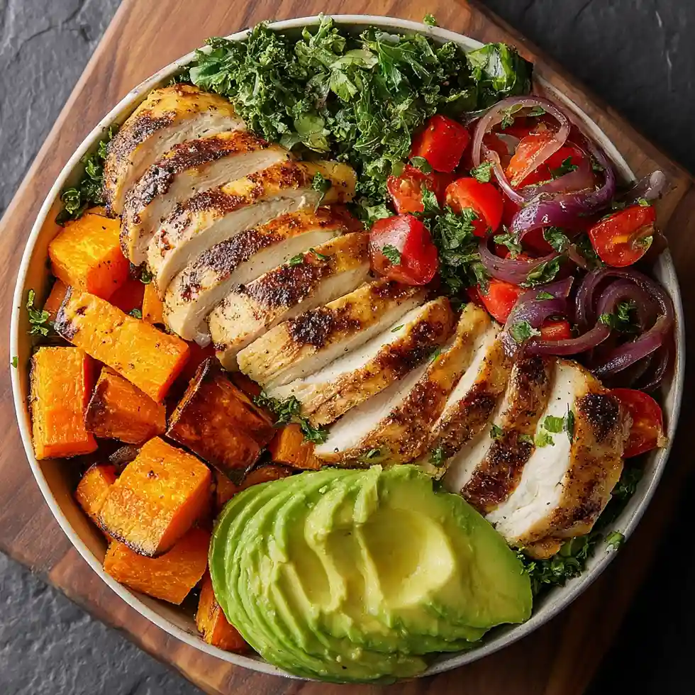 Grilled Chicken Bowl with Roasted Sweet Potatoes and Avocado
