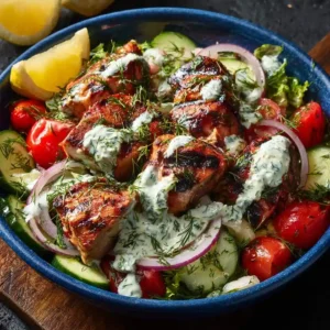 Grilled Chicken Greek Salad with Creamy Tzatziki