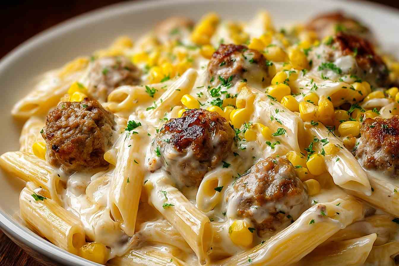 Creamy Corn And Sausage Penne Bake