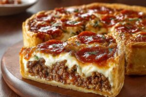 Deep Dish Pepperoni Cheeseburger Pie