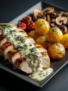 Grilled Chicken Breast with Creamy Herb Sauce, Roasted Potatoes and Sautéed Mushrooms
