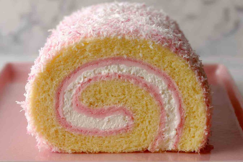 Pink Coconut Swiss Roll Recipe Easy Pink Coconut Swiss Roll Homemade Pink Coconut Swiss Roll Best Coconut Swiss Roll Recip...