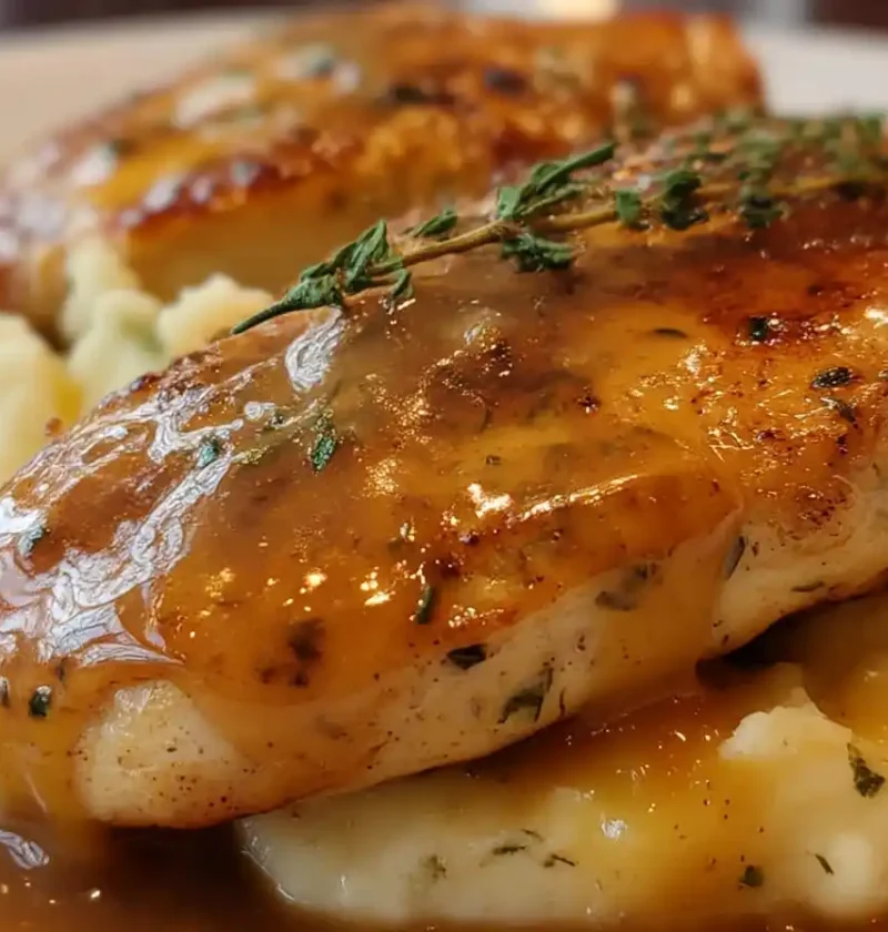 chicken and garlic gravy with cheesy mashed potatoes