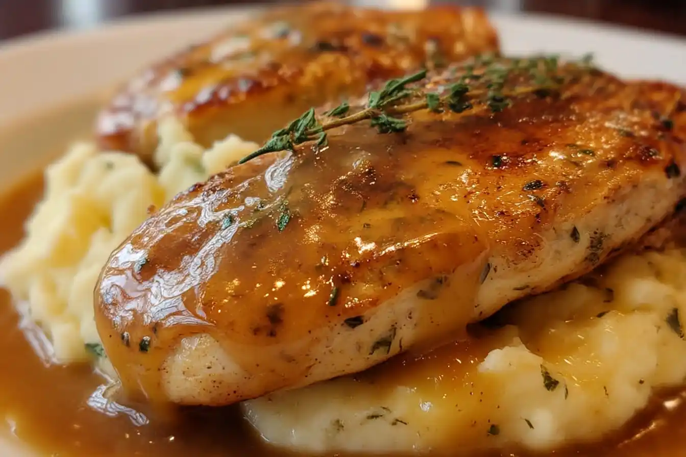 chicken and garlic gravy with cheesy mashed potatoes
