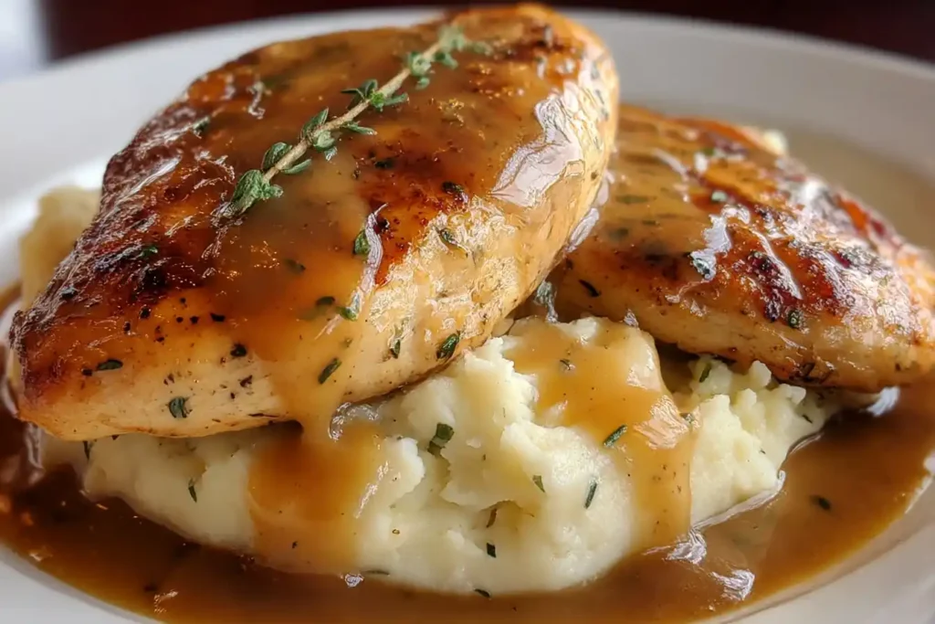chicken and garlic gravy with cheesy mashed potatoes