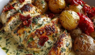Creamy Garlic Chicken Roasted Baby Potatoes