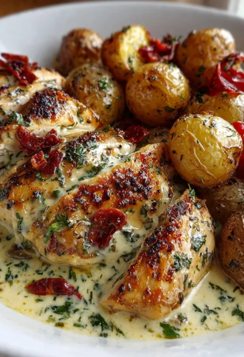 Creamy Garlic Chicken Roasted Baby Potatoes