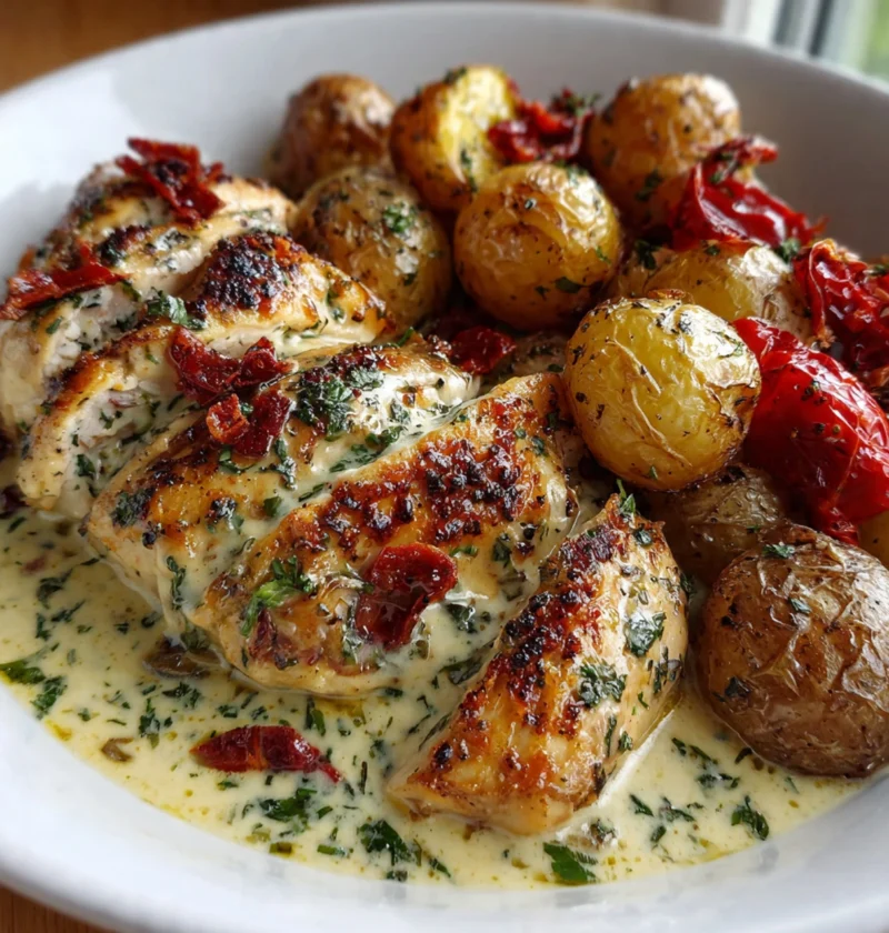 Creamy Garlic Chicken Roasted Baby Potatoes