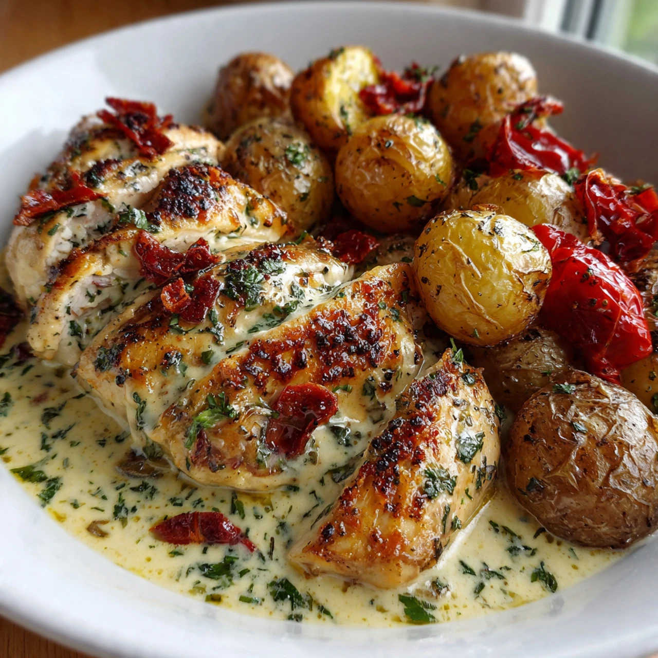 Creamy Garlic Chicken with Roasted Baby Potatoes