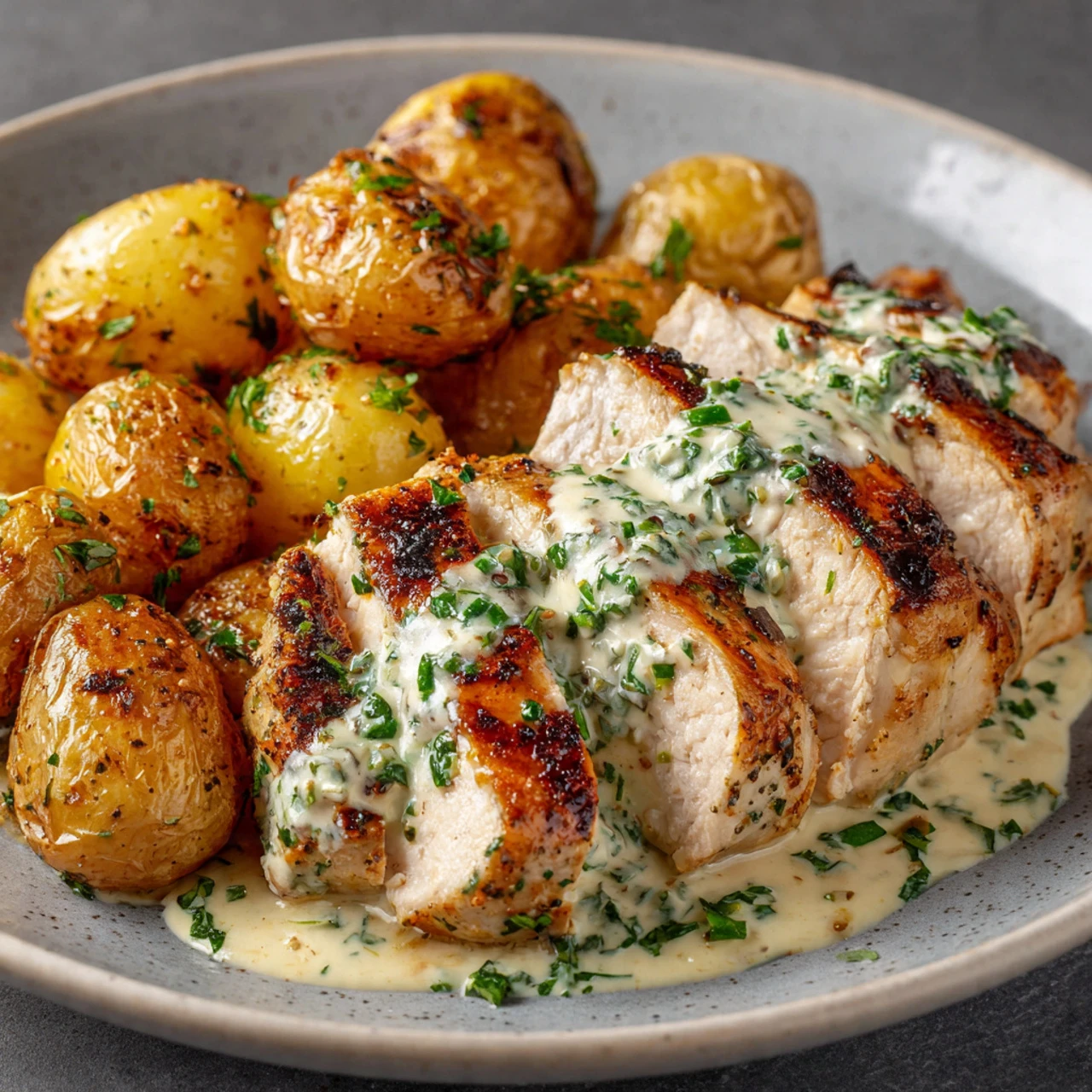 Creamy Garlic Chicken Roasted Baby Potatoes