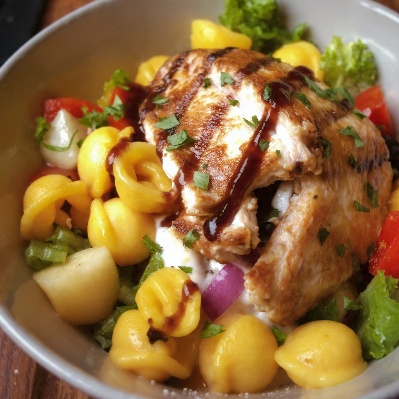 Warm Balsamic Chicken Tortellini Salad