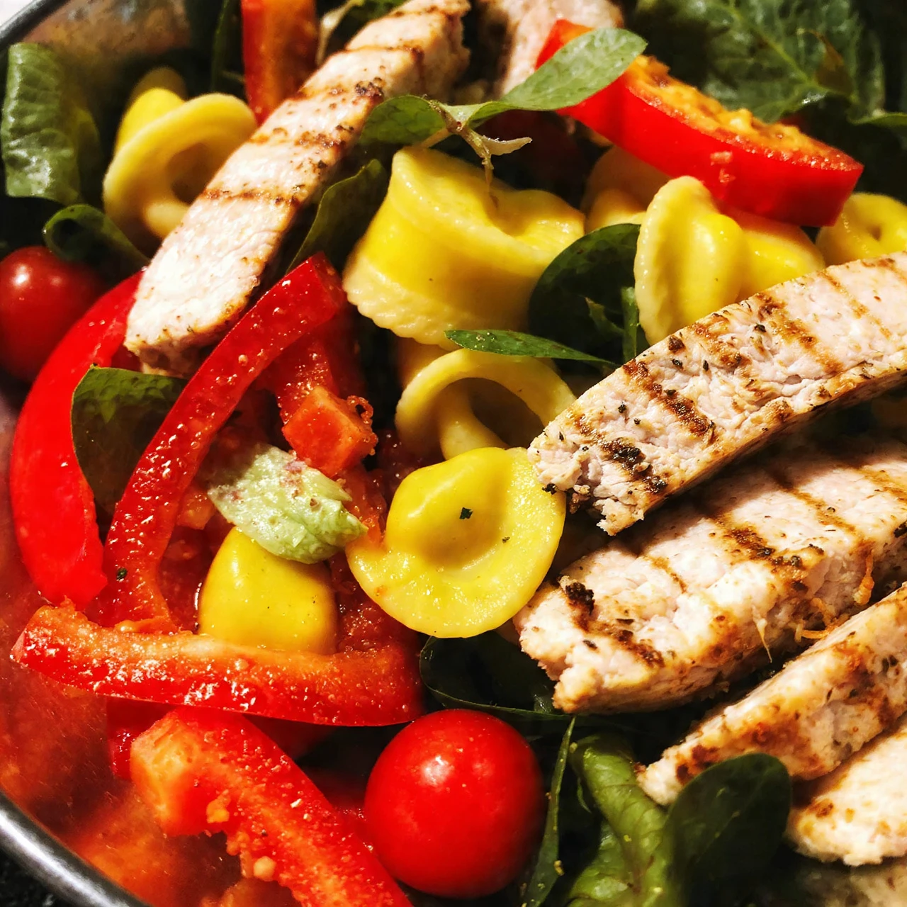 Warm Balsamic Chicken Tortellini Salad