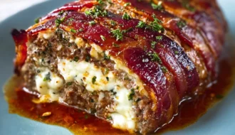 Bacon Wrapped Meatloaf Stuffed Melty Mozzarella
