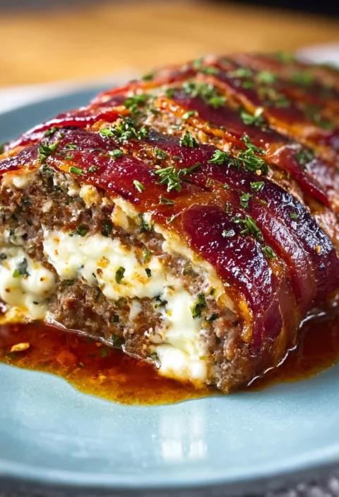 Bacon Wrapped Meatloaf Stuffed Melty Mozzarella
