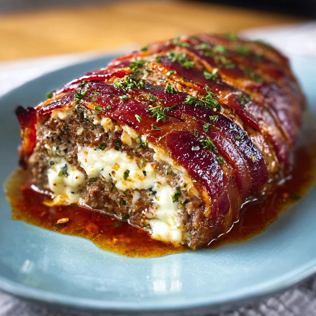 Bacon Wrapped Meatloaf Stuffed with Melty Mozzarella