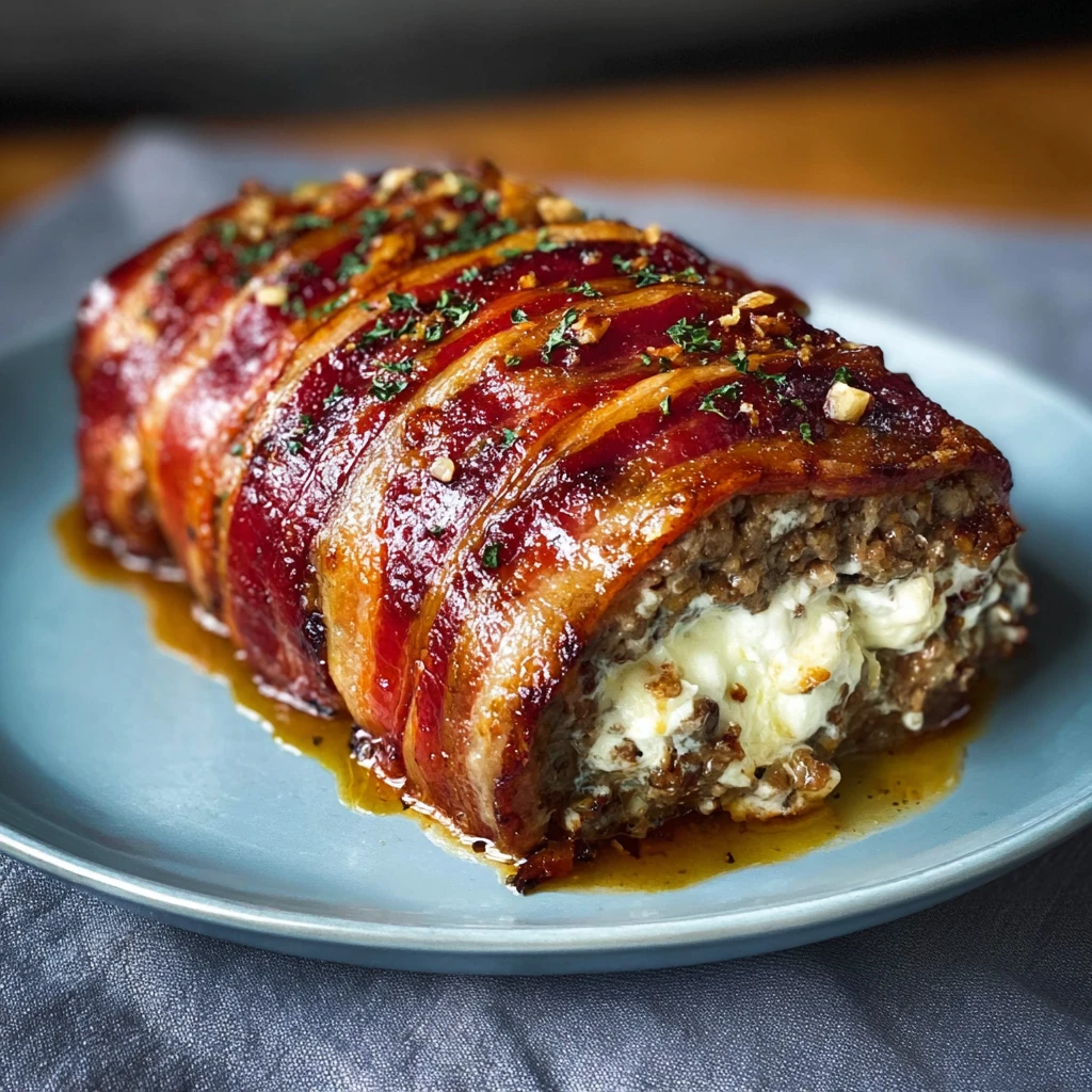 Bacon Wrapped Meatloaf Stuffed Melty Mozzarella