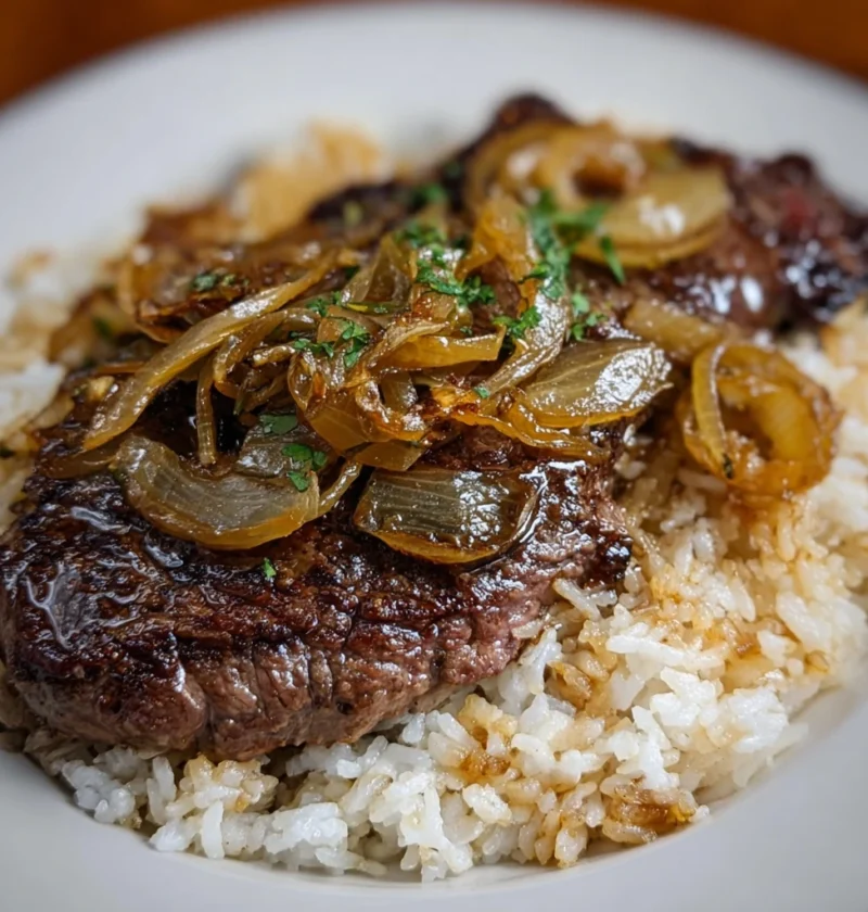 Garlic Butter Steak Caramelized Onions Over Rice