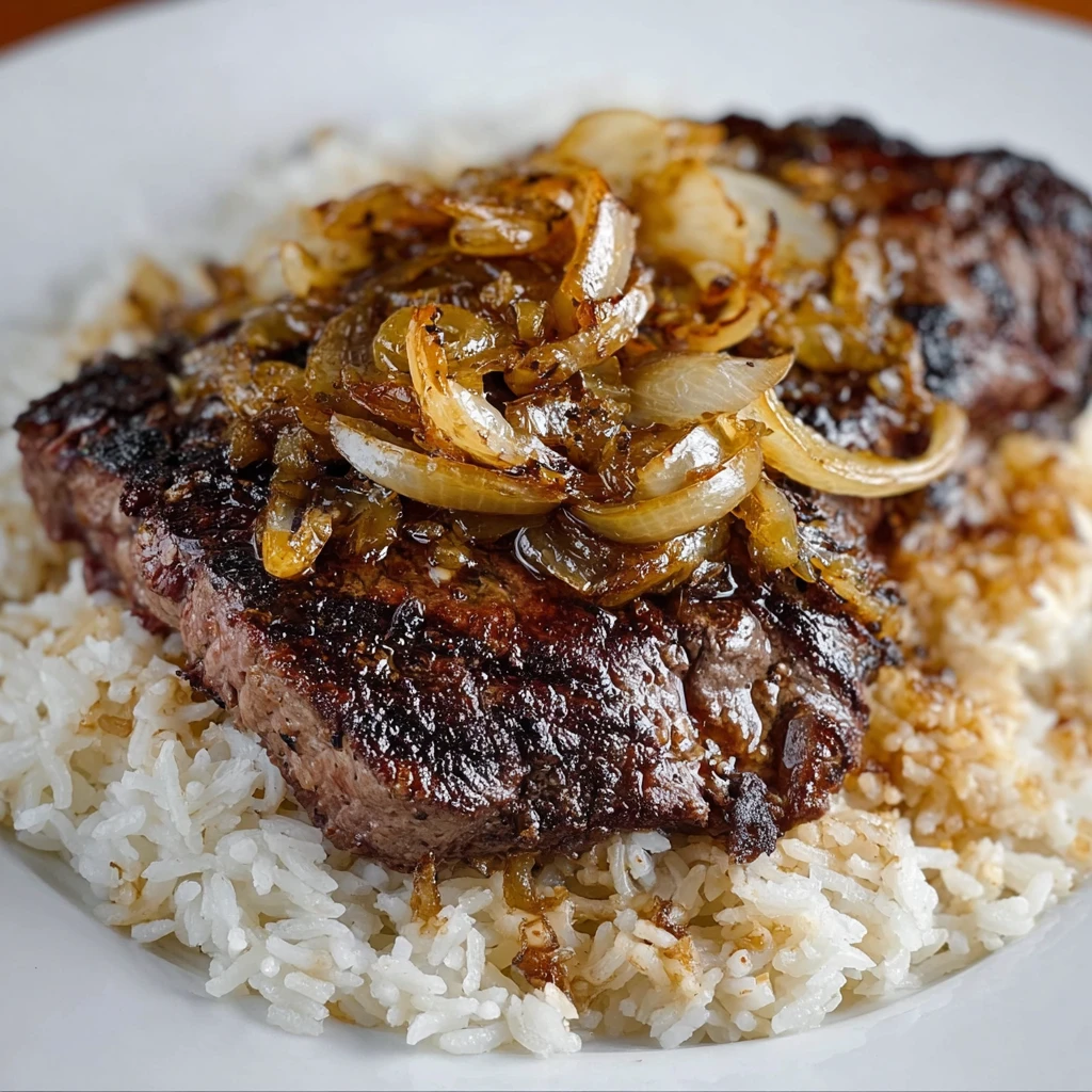 Garlic Butter Steak Caramelized Onions Over Rice