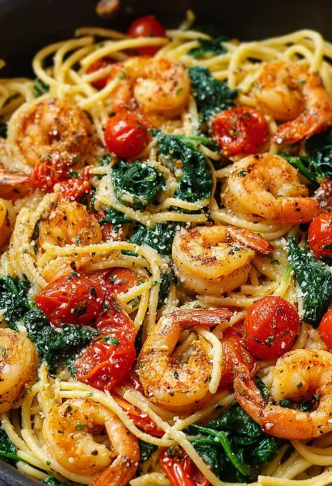 Tomato Spinach Shrimp Pasta