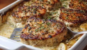 Savory Smothered Pork Chops Atop Creamy Scalloped Potatoes