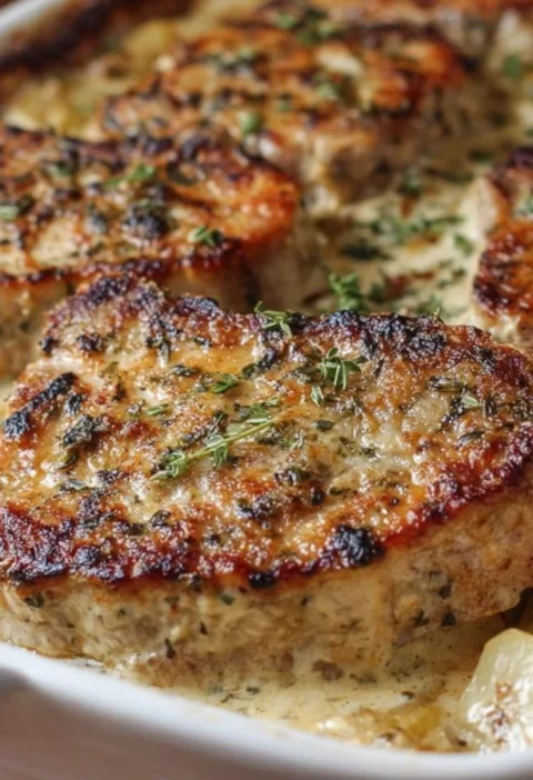 Savory Smothered Pork Chops Atop Creamy Scalloped Potatoes