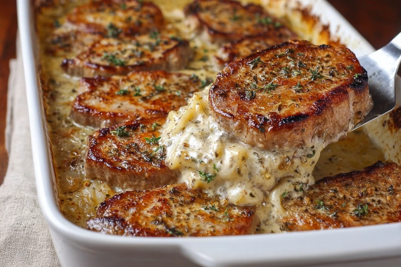 Savory Smothered Pork Chops Atop Creamy Scalloped Potatoes