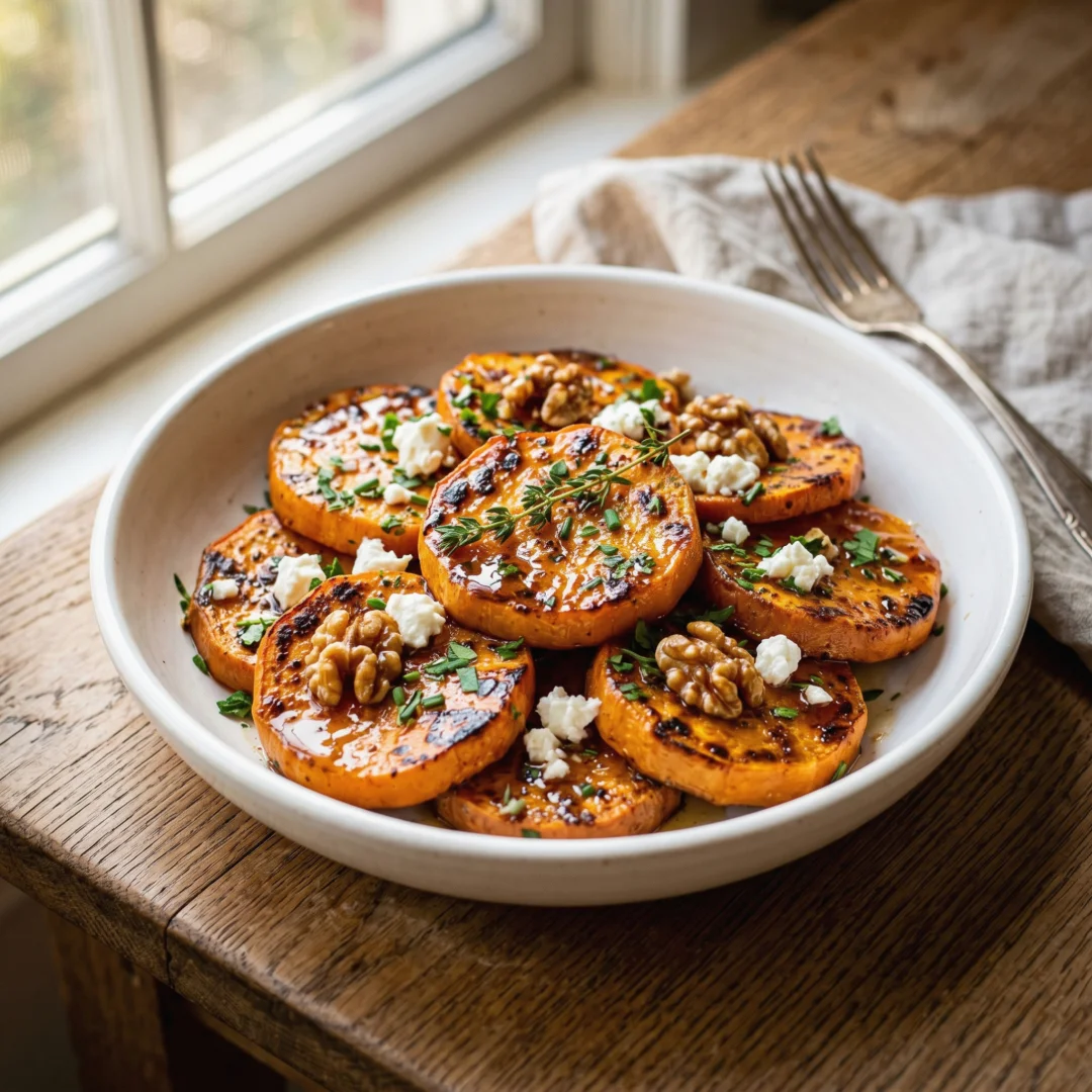 Caramelized Sweet Potatoes with Honey, Goat Cheese & Walnuts