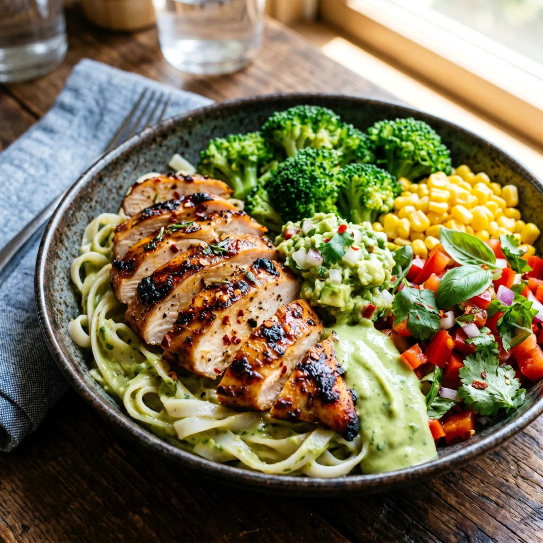 Chicken Veggie Pasta Bowl with Creamy Mustard Sauce