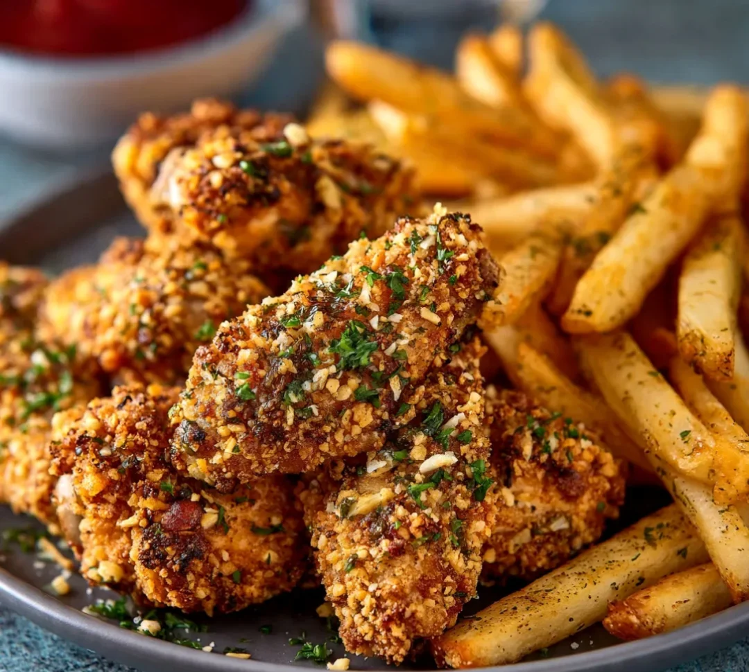 Crispy Garlic Parmesan Wings & Seasoned Fries & Easy and Tasty