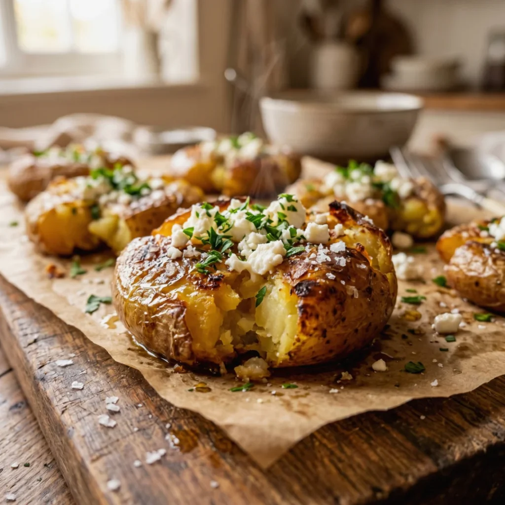 Crispy Parmesan Smashed Potatoes with Feta Cream and Honey - Crispy Parmesan Smashed Potatoes with Feta Cream and Honey