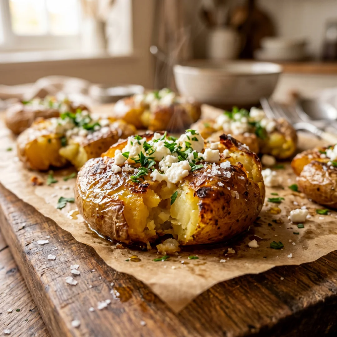 Crispy Parmesan Smashed Potatoes with Feta Cream and Honey