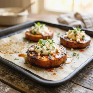 Crispy Parmesan Smashed Sweet Potatoes with Feta and Sriracha Honey