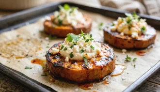 Crispy Parmesan Smashed Sweet Potatoes with Feta and Sriracha Honey