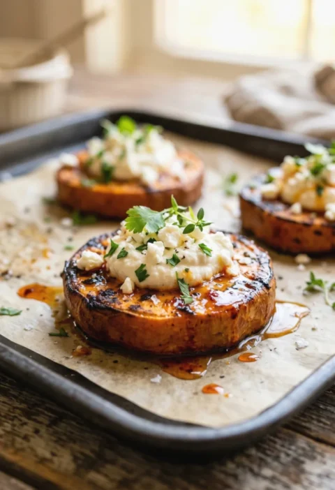 Crispy Parmesan Smashed Sweet Potatoes with Feta and Sriracha Honey