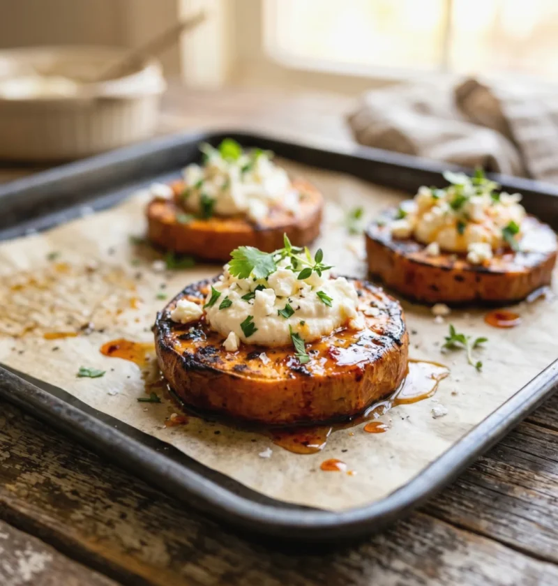 Crispy Parmesan Smashed Sweet Potatoes with Feta and Sriracha Honey