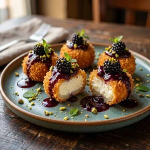 Feta Cheese Bites with Pistachio Crunch & Blackberry Honey