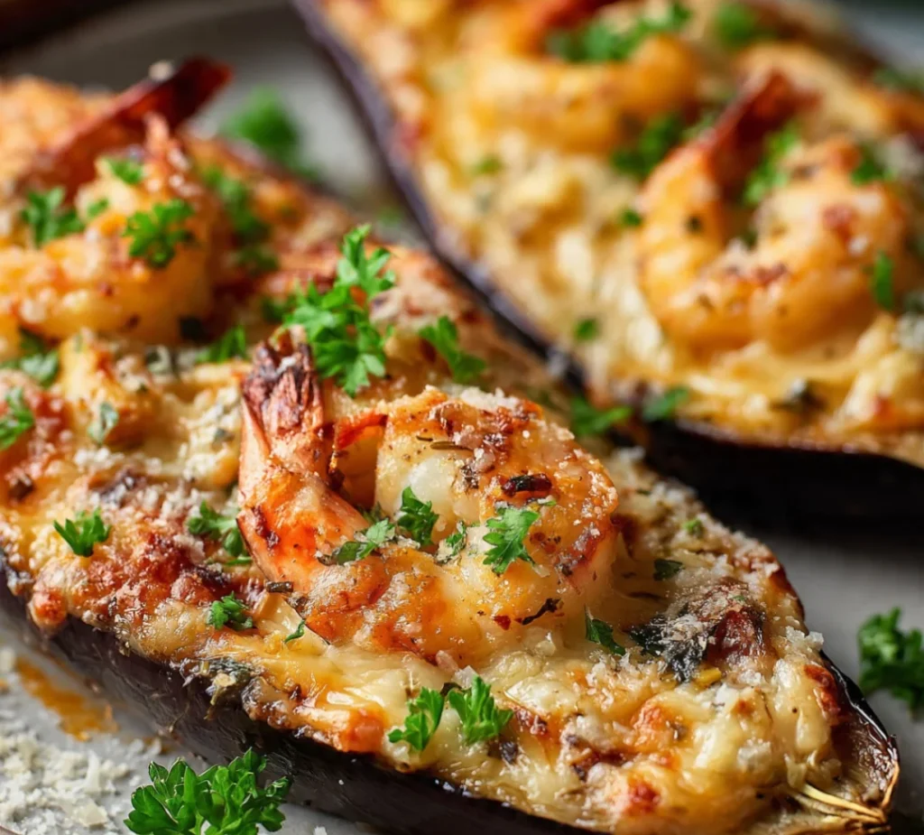 Garlic parmesan shrimp stuffed eggplant boats delightfully! - Garlic parmesan shrimp stuffed eggplant boats delightfully!