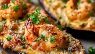 Garlic parmesan shrimp stuffed eggplant boats