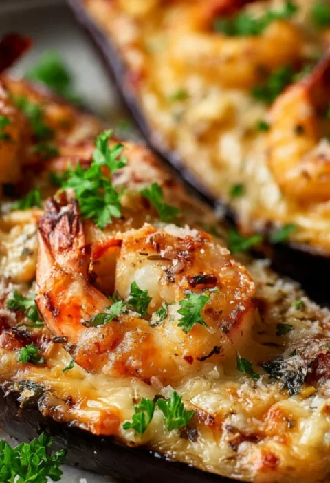 Garlic parmesan shrimp stuffed eggplant boats