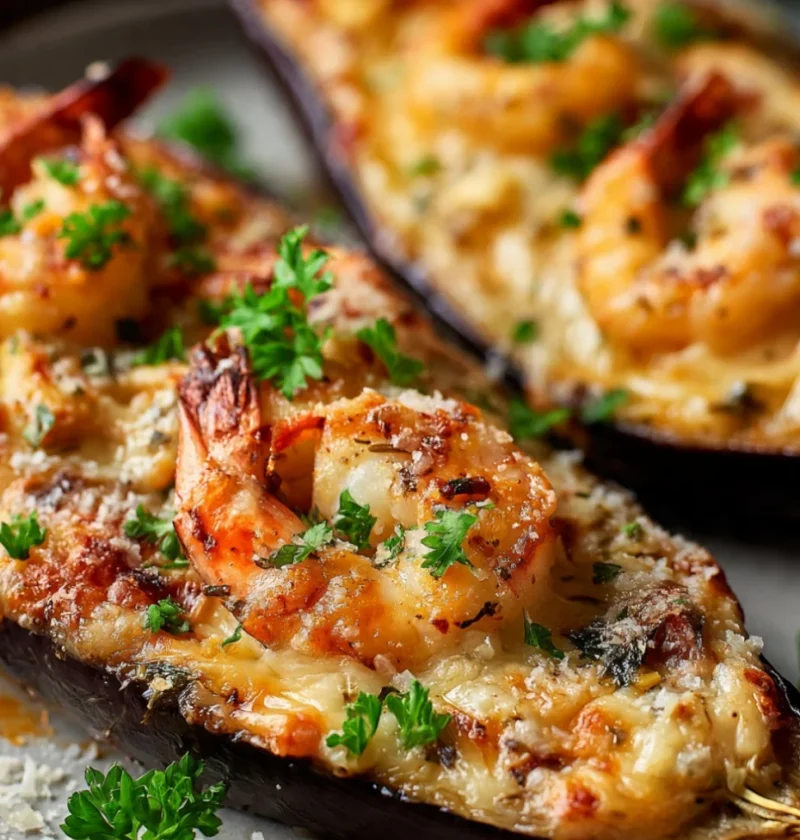 Garlic parmesan shrimp stuffed eggplant boats