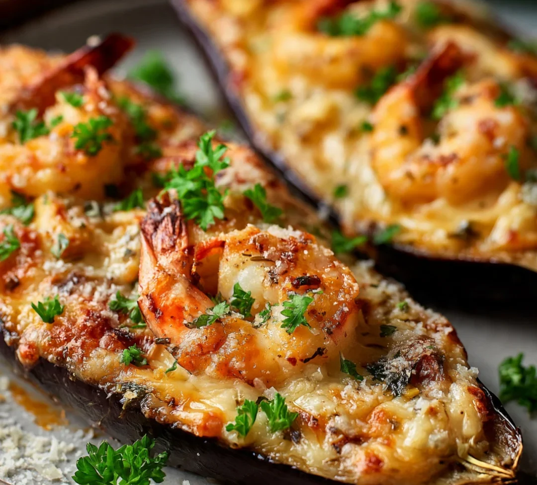 Garlic parmesan shrimp stuffed eggplant boats delightfully!