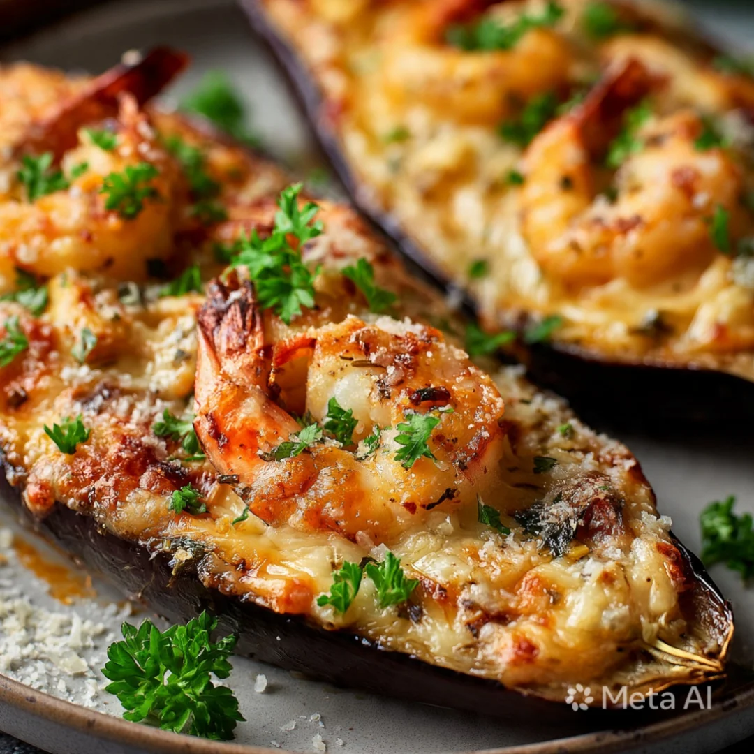Garlic parmesan shrimp st￭ eggplant boats