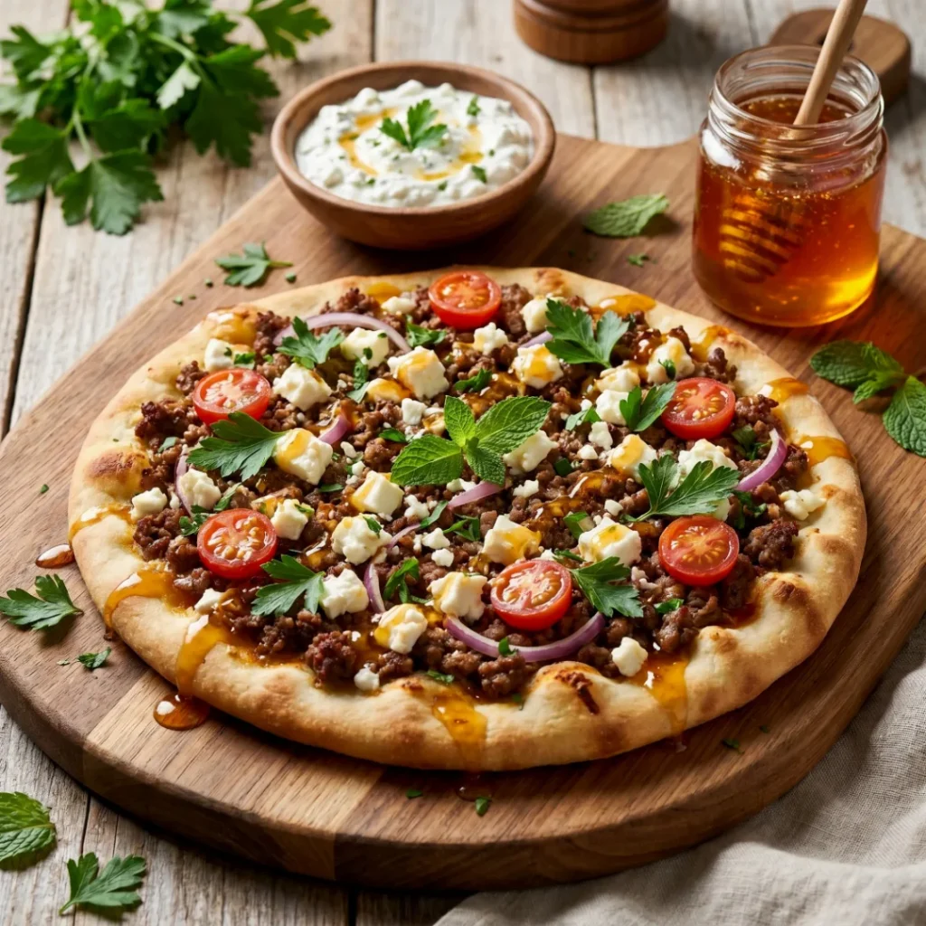 Ground Beef Flatbread with Garlic Hot Honey Feta Cream - Ground Beef Flatbread with Garlic Hot Honey Feta Cream