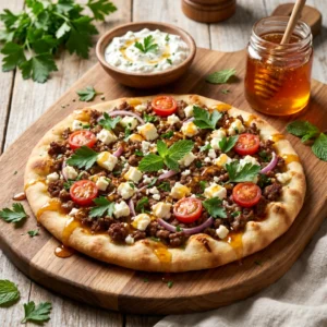Ground Beef Flatbread with Garlic Hot Honey Feta Cream